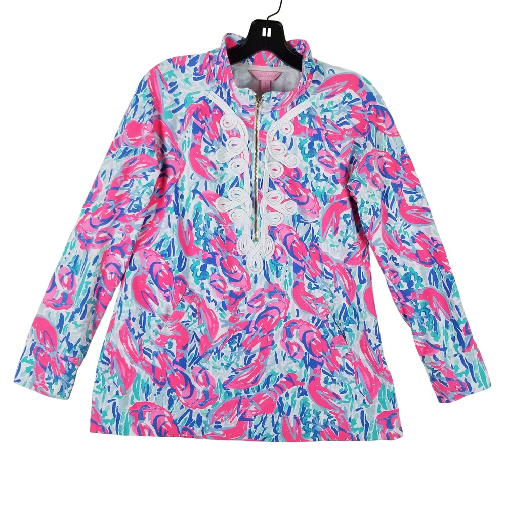 Lilly Pulitzer Popover Women Small Pink Blue Lobster Print Soutache Half Zip Top